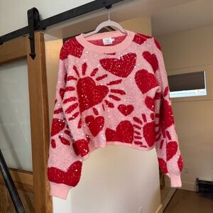 Luna Ivy Sequin Heart Sweater Pink and Red